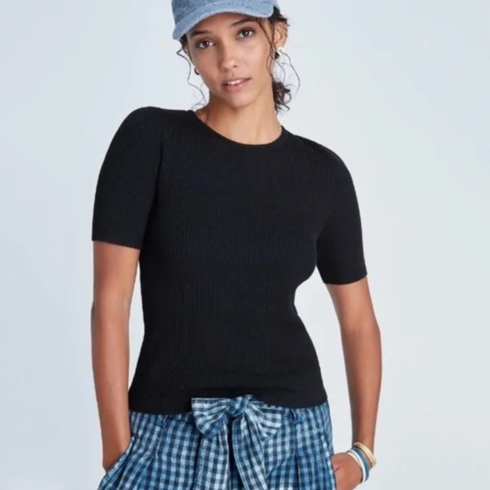 Anthropologie Maeve Josefa Ribbed Short Sleeve Sweater Tee Black - XS